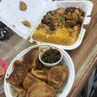 Cashew lunch soeacial and pan fried dumplings