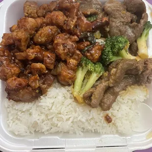 Kung Pao Chicken, Beef and Broccoli, and steamed rice