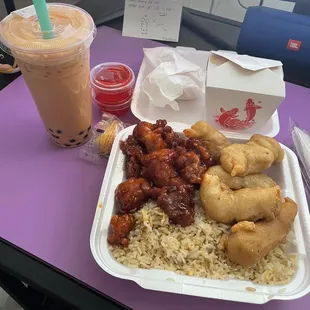 General Tzo, Sweet and Sour Chicken, Thai Boba, and fried rice.