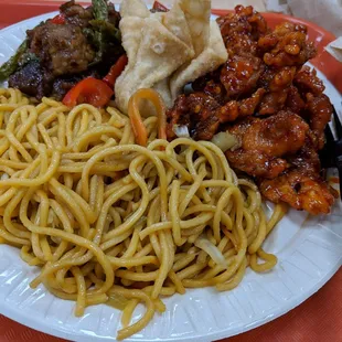 2 entrees and 1 side noodles with a craw fish roll as add on. The food is great but slightly salty, loved the orginal tea and desserts.