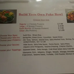 Poke bowl menu