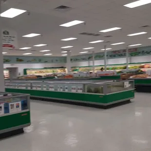 An overall view of the frozen food and fresh products.