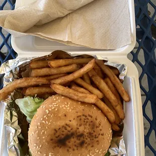 Burger and fries the bun toasted on both sides just how I like it