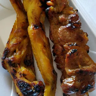 Weekends only, straight off the grill. Chicken wings and port on skewers. $1.50/each or 4/$5