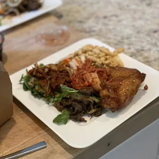 Bulgogi Beef, Sassy Pork, Mac-Corn Salad, Kimchi