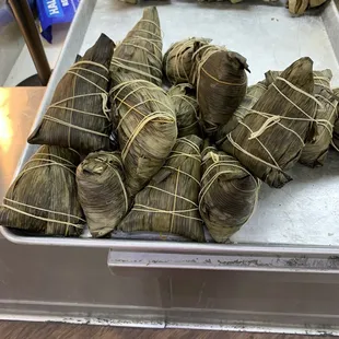 Zongzi or sticky rice &amp; pork wrapped in bamboo leaves