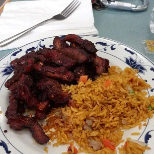 Spicy boneless spare ribs and pork fried rice.