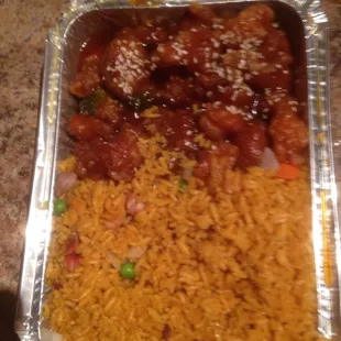 Sesame Chicken and Pork fried rice