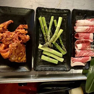 Spicy Pork, Garlic Asparaus, and Kobe Beef Brisket