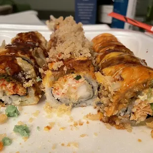 Left to right: deep fried California roll, Westland roll and Michigan roll