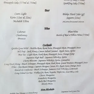 Alcohol menu