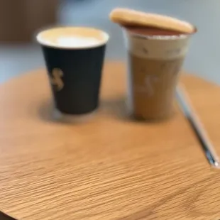 Hot vanilla bean latte and tiramisu iced latte