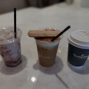 Butterscotch, tiramisu cold brew and strawberry milk.