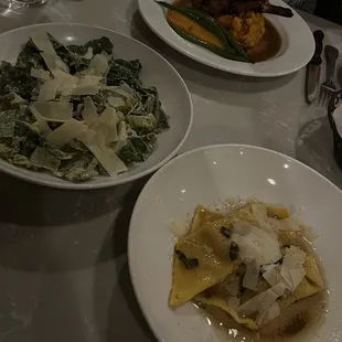 Squash ravioli, Caesar salad, pork chop