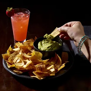 Housemade Plantain Chips and Avocado Jalapeno Dip with Strawberry-Lime Aqua Fresca