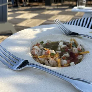 Half eaten watermelon ceviche. Spicy and delicious!