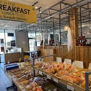 a display of breakfast foods