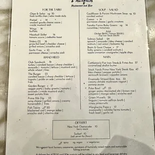 the menu for the restaurant