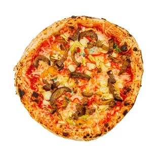 a pizza with mushrooms and cheese