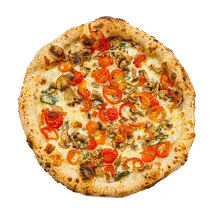a pizza with mushrooms and peppers