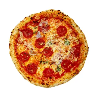 a pepperoni and onion pizza