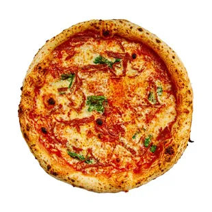 a pizza with cheese and herbs