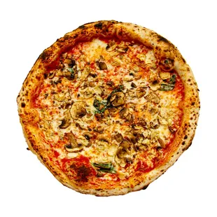 a pizza with mushrooms and cheese