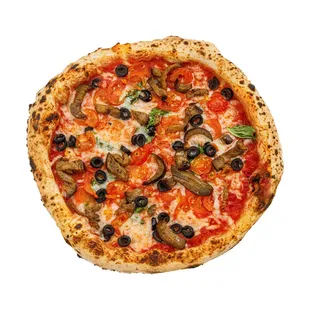 a pizza with mushrooms and olives