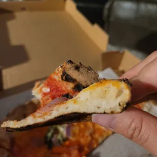 a hand holding a slice of pizza