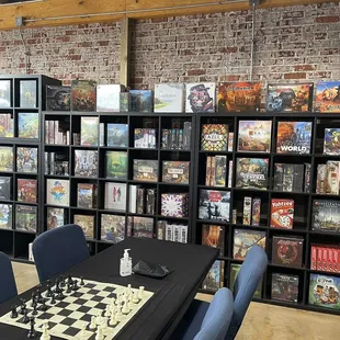 Gaming area and board game wall.