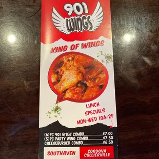 a menu for a king of wings restaurant
