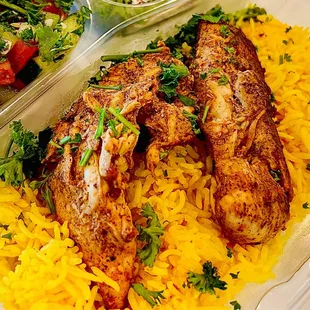 Chicken plate. Comes with saffron rice, vegetables and tzatziki.