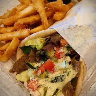 Beef and lamb gyro with fries.