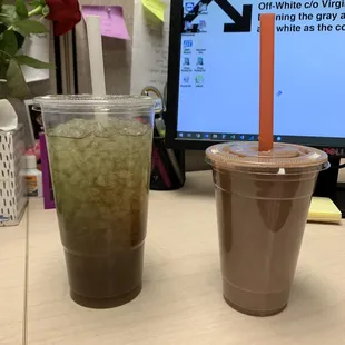 Left is a tea (not sure what it is, employee mixed up o for me but was AMAZING!   Right is brownie batter shake SO GOOD!