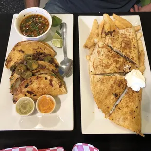 4 Famous Birria Tacos with Consume Platter with Jalapeños added &amp; Steak Rustic Quesadilla