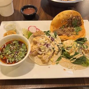 A La Carte Tacos - QuesabirriaFishHawaiian with a side of Consomé