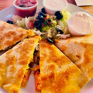 Very yummy Chicken Quesadilla, &amp; house-made spicy salsa!