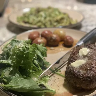 Filet with potatoes and side salad