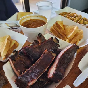 Ribs, beans, toast, fried okra