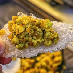 a hand holding a piece of food