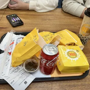 a tray of food and drinks