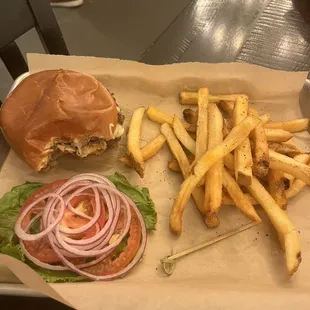 Classic double burger and fries.