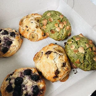 My favorite scones! Blueberry cream cheese, chocolate chip banana, matcha white chocolate chip