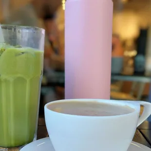 Matcha latte and hojicha latte - both are delicious drinks to start the day
