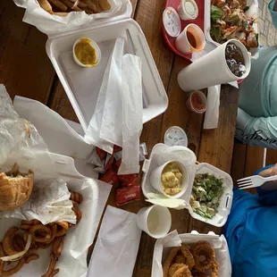 Chicken philly cheese steak, chicken sandwich, buffalo chicken salad, fried catfish/shrimp plate