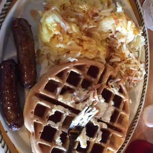 The Belgian waffle plate with hash browns added