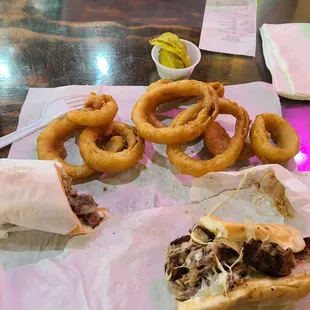 Philly cheesesteak and onion rings