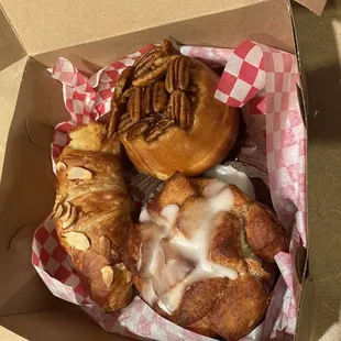 Almond croissant, pecan roll, and cinnamon monkey bread