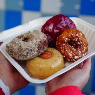 French Cruller, Cranberry Cake Donut, Filled Brioche Thumbprint, and Candied Ginger-Pear Fritter - IG: @nelson_eats