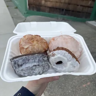 Rainbaw Carrot cake donut, 2. Chocolate Buttermilk Bar, 3. Filled Brioche, Strawberry jam, 4. Granny Smith apple and hazelnut fritter